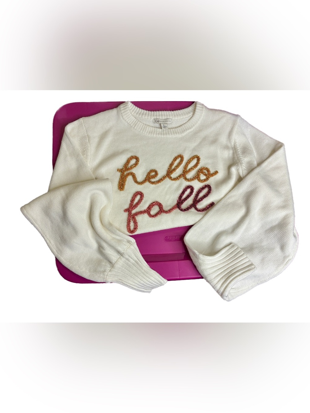 Cato Fashions Hello Fall Cream Knit Sweater Shimmer Embroidered Womens size L